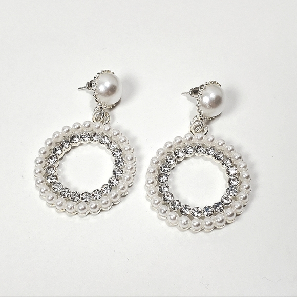 Faux Pearl Bling Post Earrings, CZ Pearl Earrings, Wedding Bride Jewelry - Picture 4 of 4